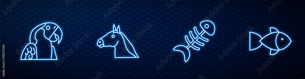 Set line Fish skeleton, Macaw parrot, Horse head and . Glowing neon icon on brick wall. Vector.