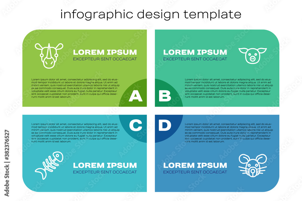 Set line Fish skeleton, Rhinoceros, Rat head and Pig. Business infographic template. Vector.