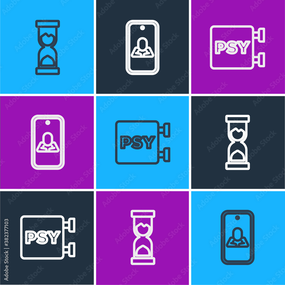 Set line Old hourglass, Psychology, Psi and Psychologist online icon. Vector.