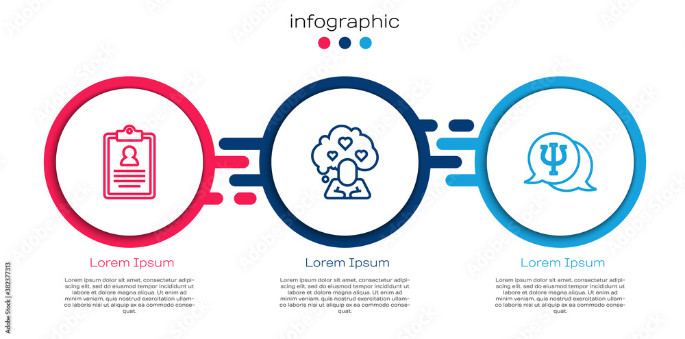 Set line Medical clipboard, Broken heart or divorce and Psychology, Psi. Business infographic templa