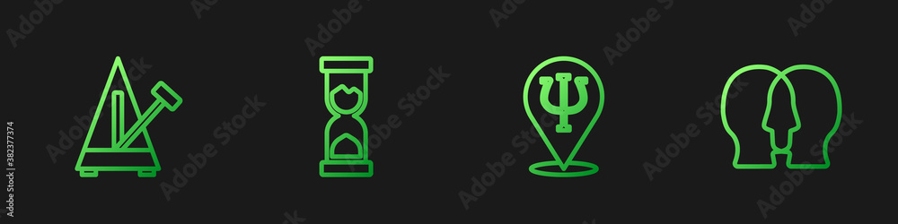 Set line Psychology, Psi, Metronome with pendulum, Old hourglass and Bipolar disorder. Gradient colo