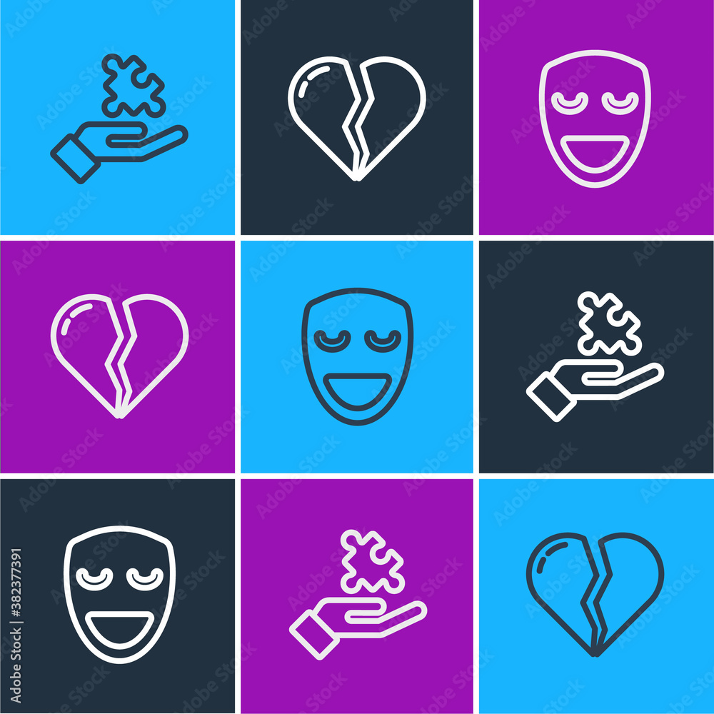 Set line Solution to the problem, Comedy theatrical mask and Broken heart or divorce icon. Vector.