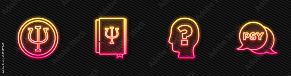 Set line Head with question mark, Psychology, Psi, book, and . Glowing neon icon. Vector illustratio