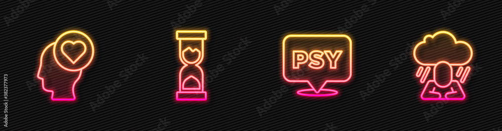 Set line Psychology, Psi, Broken heart or divorce, Old hourglass and Depression. Glowing neon icon. 