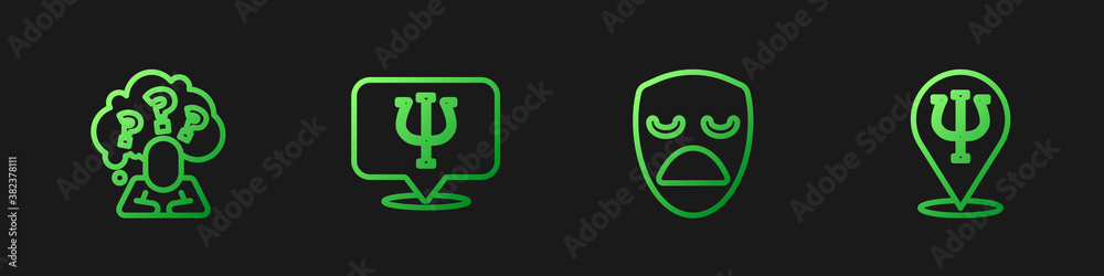 Set line Drama theatrical mask, Head with question mark, Psychology, Psi and . Gradient color icons.