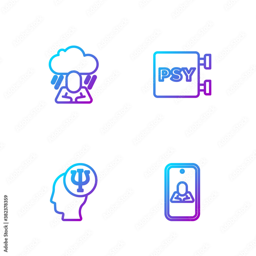 Set line Psychologist online, Psychology, Psi, Depression and . Gradient color icons. Vector illustr