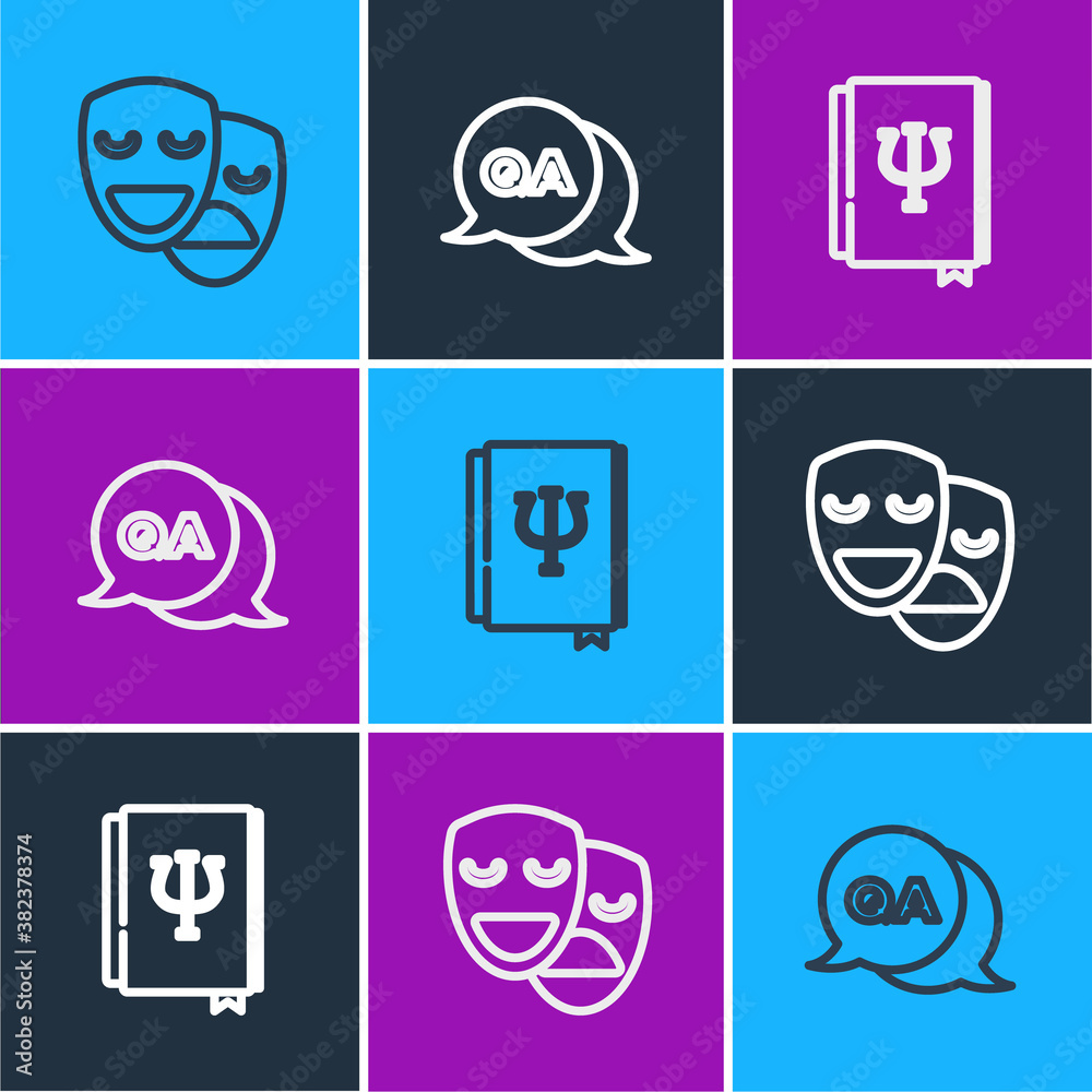 Set line Comedy and tragedy masks, Psychology book, Psi and Question Answer icon. Vector.