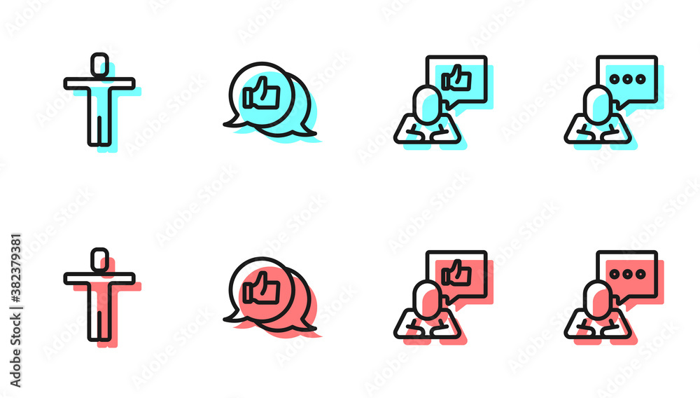 Set line Hand like, Head hunting, and Speech bubble chat icon. Vector.