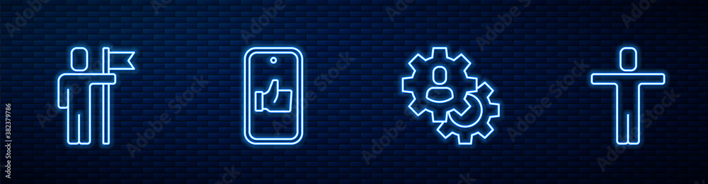 Set line Head hunting, Team leader, Hand like and . Glowing neon icon on brick wall. Vector.