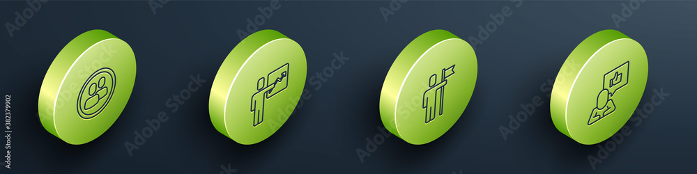 Set Isometric Project team base, Team leader, and Hand like icon. Vector.