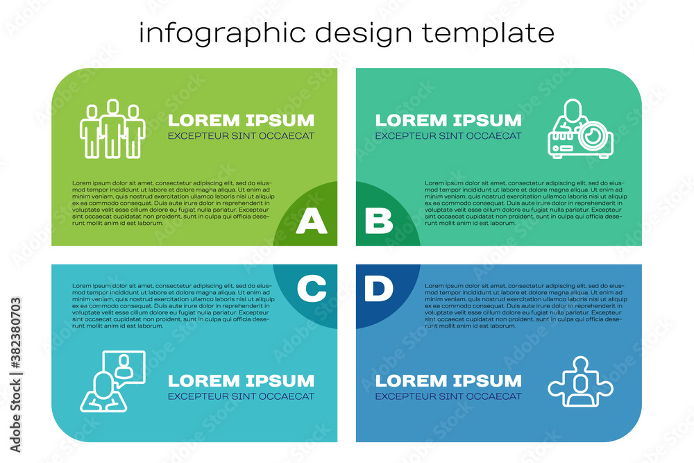 Set line Head hunting, Users group, Project team base and Media projector. Business infographic temp