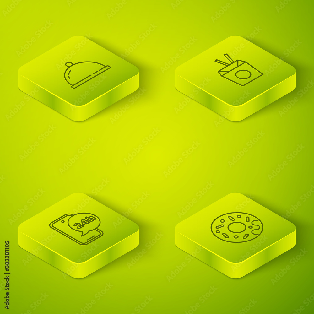 Set Isometric Asian noodles and chopsticks, Food ordering, Donut and Covered with tray of food icon.