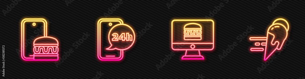 Set line Online ordering and delivery, , Food and ice cream. Glowing neon icon. Vector.