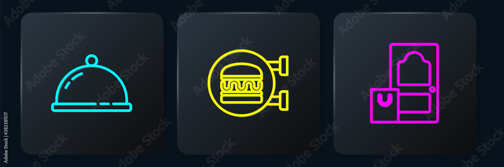 Set line Covered with a tray of food, Online ordering and delivery and burger. Black square button. 