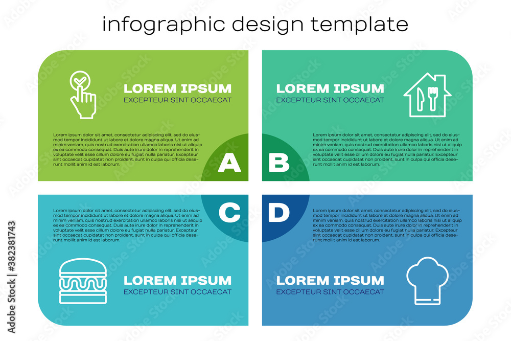 Set line Burger, Online ordering and delivery, Chef hat and . Business infographic template. Vector.