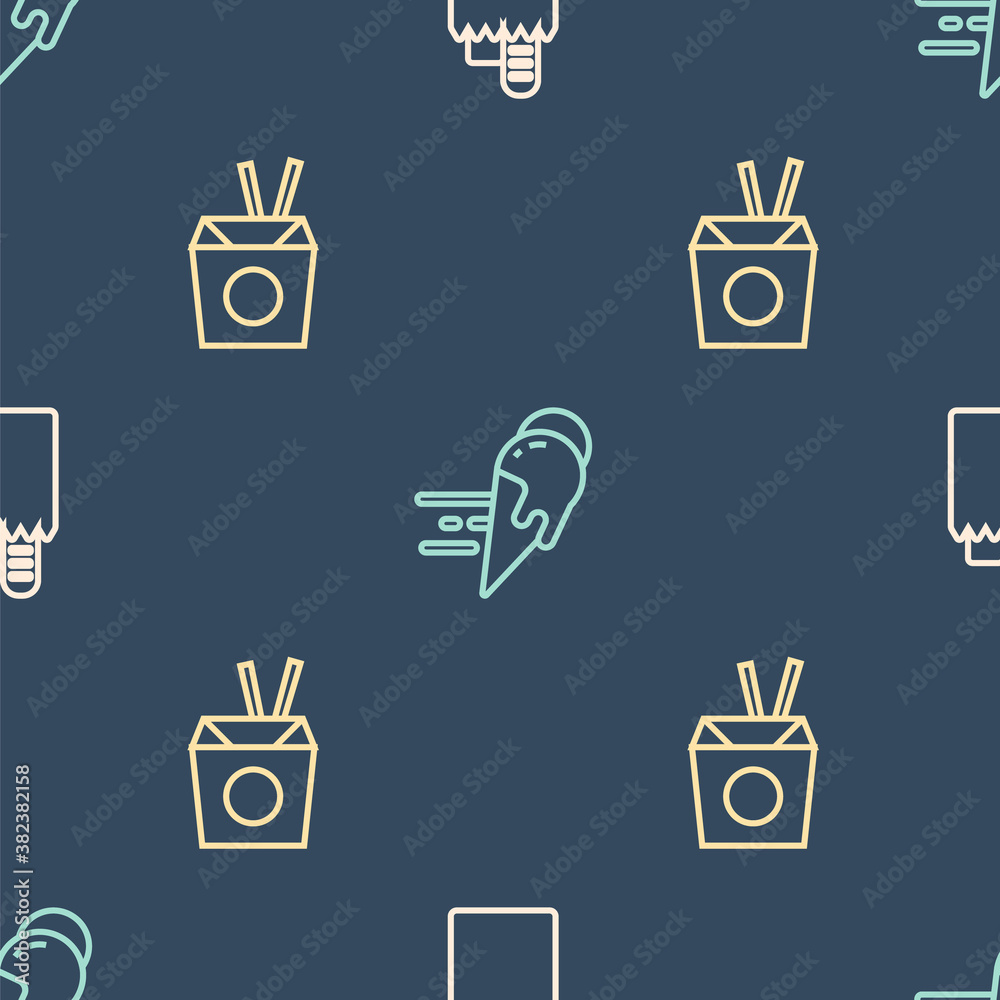 Set line Online ordering and delivery, Asian noodles chopsticks and ice cream on seamless pattern. V