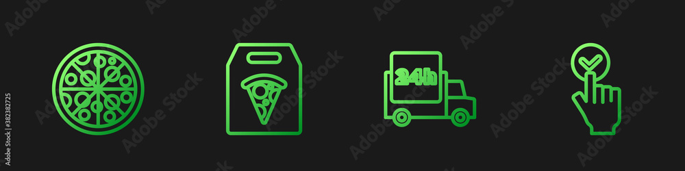 Set line Fast delivery by car, Pizza, Online ordering pizza and and. Gradient color icons. Vector.