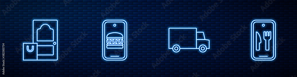 Set line Fast delivery by car, Online ordering and, and . Glowing neon icon on brick wall. Vector.