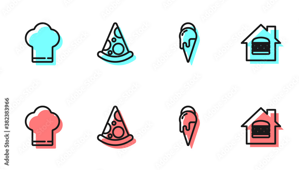 Set line Ice cream, Chef hat, Slice of pizza and Online ordering and delivery icon. Vector.