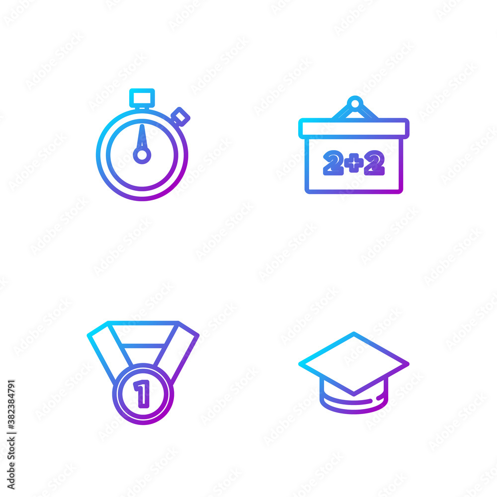 Set line Graduation cap, Medal, Stopwatch and Chalkboard. Gradient color icons. Vector.