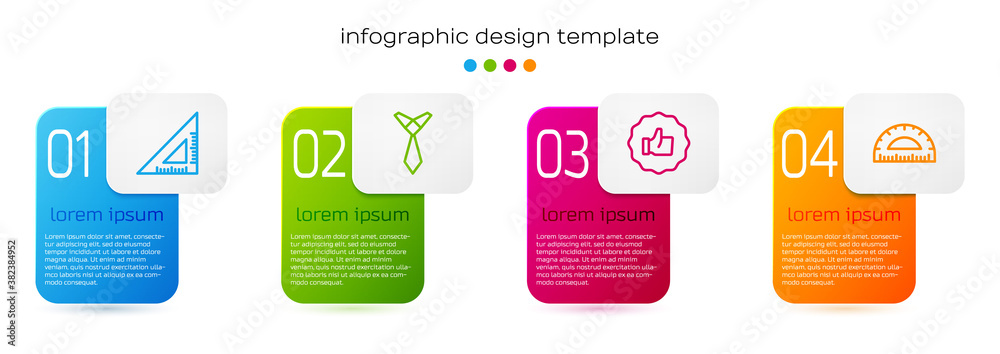 Set line Triangular ruler, Tie, Hand thumb up and Protractor. Business infographic template. Vector.