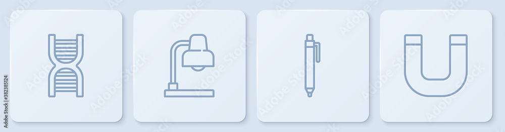 Set line DNA symbol, Pen, Table lamp and Magnet. White square button. Vector.