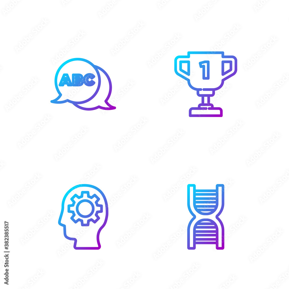 Set line DNA symbol, Head with gear inside, Alphabet and Award cup. Gradient color icons. Vector.