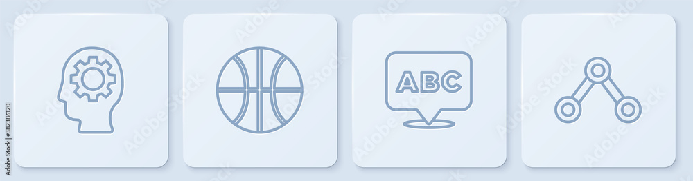 Set line Head with gear inside, Alphabet, Basketball ball and Molecule. White square button. Vector.