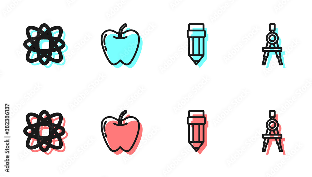 Set line Pencil with eraser, Atom, Apple and Drawing compass icon. Vector.