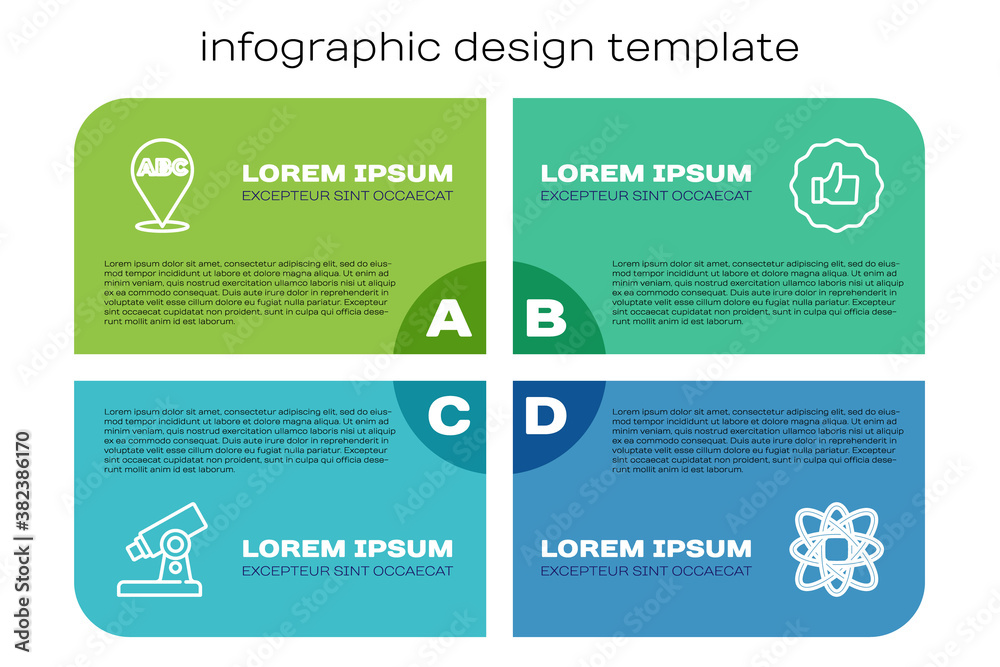 Set line Microscope, Alphabet, Atom and Hand thumb up. Business infographic template. Vector.