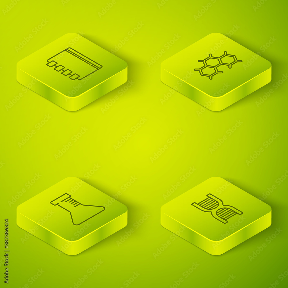 Set Isometric Chemical formula, Test tube and flask, DNA symbol and Spiral notebook icon. Vector.