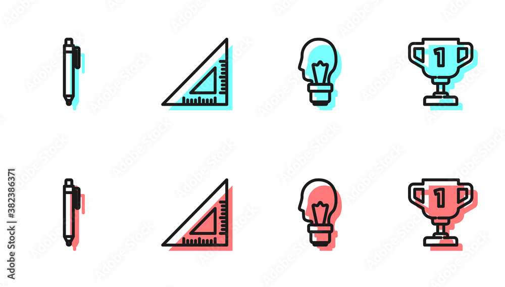 Set line Light bulb with concept of idea, Pen, Triangular ruler and Award cup icon. Vector.