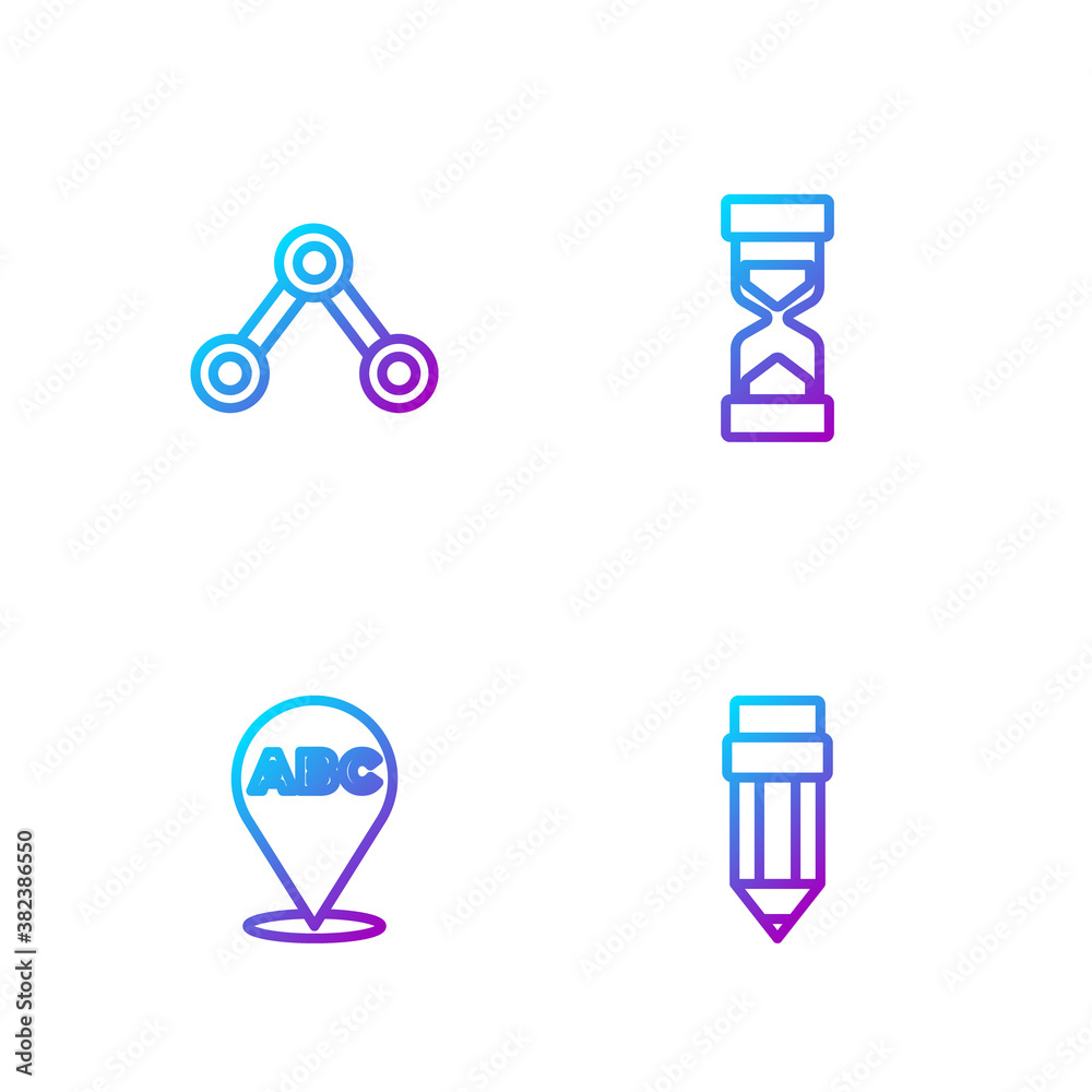 Set line Pencil with eraser, Alphabet, Molecule and Old hourglass sand. Gradient color icons. Vector