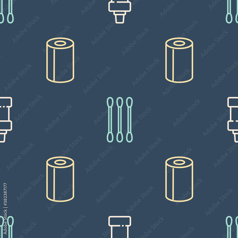 Set line Bottle for cleaning agent, Paper towel roll and Cotton swab ears on seamless pattern. Vecto