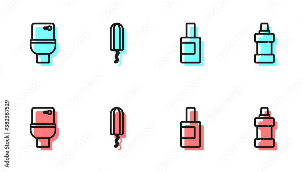 Set line Bottle for cleaning agent, Toilet bowl, Sanitary tampon and icon. Vector.