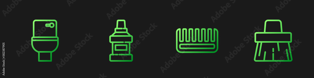 Set line Hairbrush, Toilet bowl, Mouthwash bottle and Handle broom. Gradient color icons. Vector.