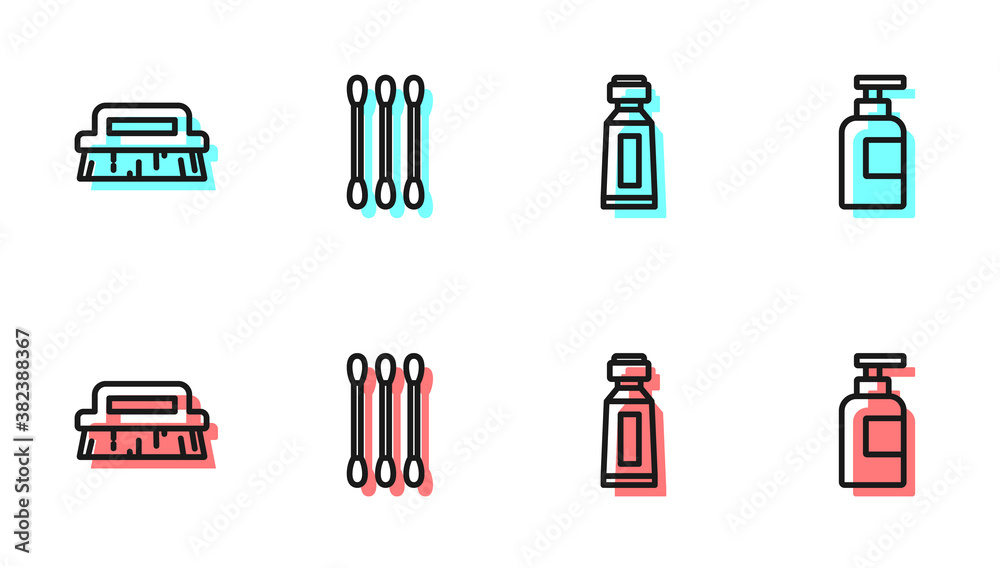 Set line Tube of toothpaste, Brush for cleaning, Cotton swab ears and Bottle shampoo icon. Vector.