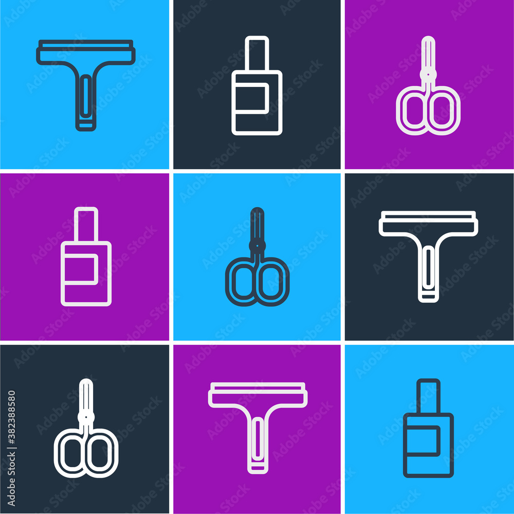 Set line Rubber cleaner, Nail scissors and Bottle for cleaning agent icon. Vector.