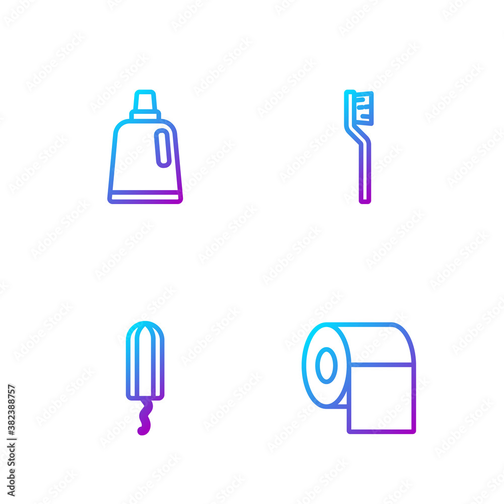 Set line Toilet paper roll, Sanitary tampon, Bottle for cleaning agent and Toothbrush. Gradient colo