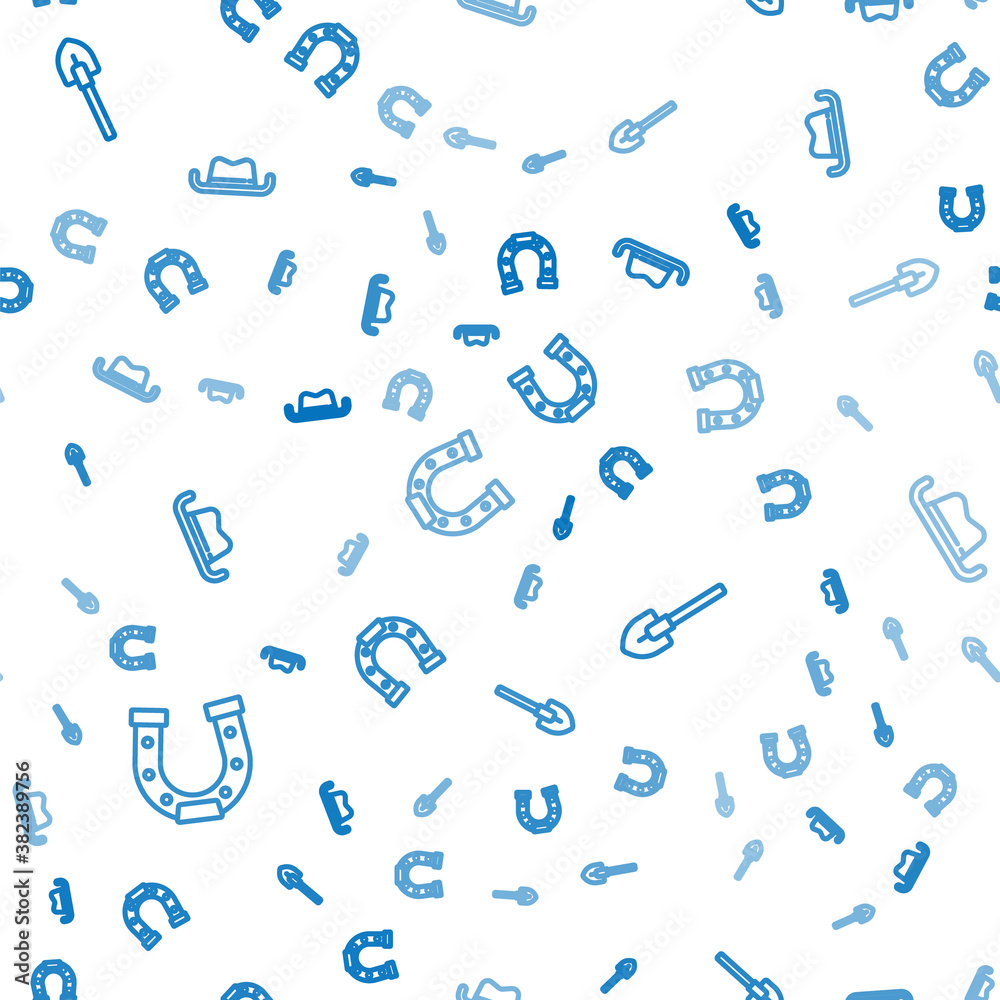 Set line Horseshoe, Shovel and Western cowboy hat on seamless pattern. Vector.