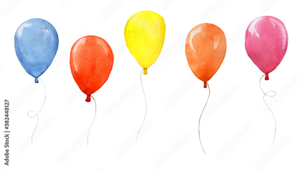 watercolor set with colored balloons isolated on white background. collection of festive balloons, d