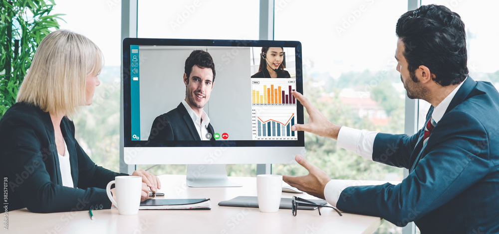 Video call group business people meeting on virtual workplace or remote office. Telework conference 