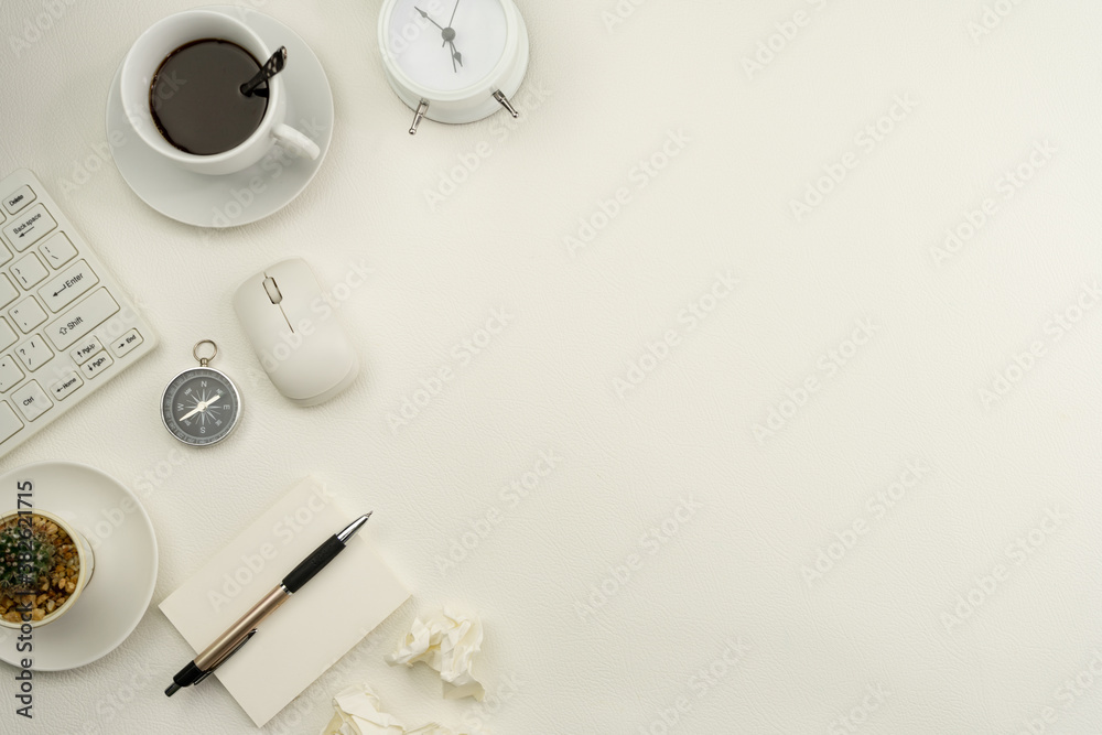 Office desk table of Business workplace and business objects on white leather background.