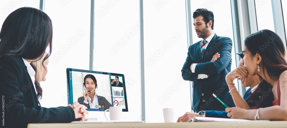 Video call group business people meeting on virtual workplace or remote office. Telework conference 