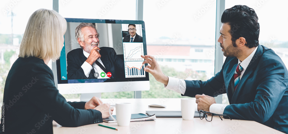 Video call group business people meeting on virtual workplace or remote office. Telework conference 