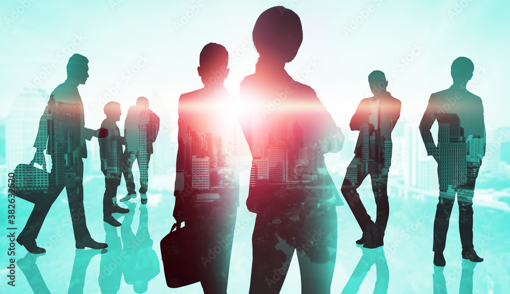 Abstract image of many business people together in group on background of city view with office buil