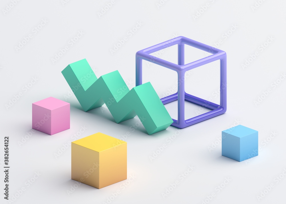 Abstract 3d render, colorful geometric composition, background design with cubes