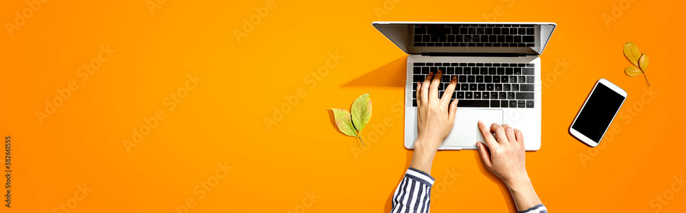 Autumn leaves with person using a laptop computer from above