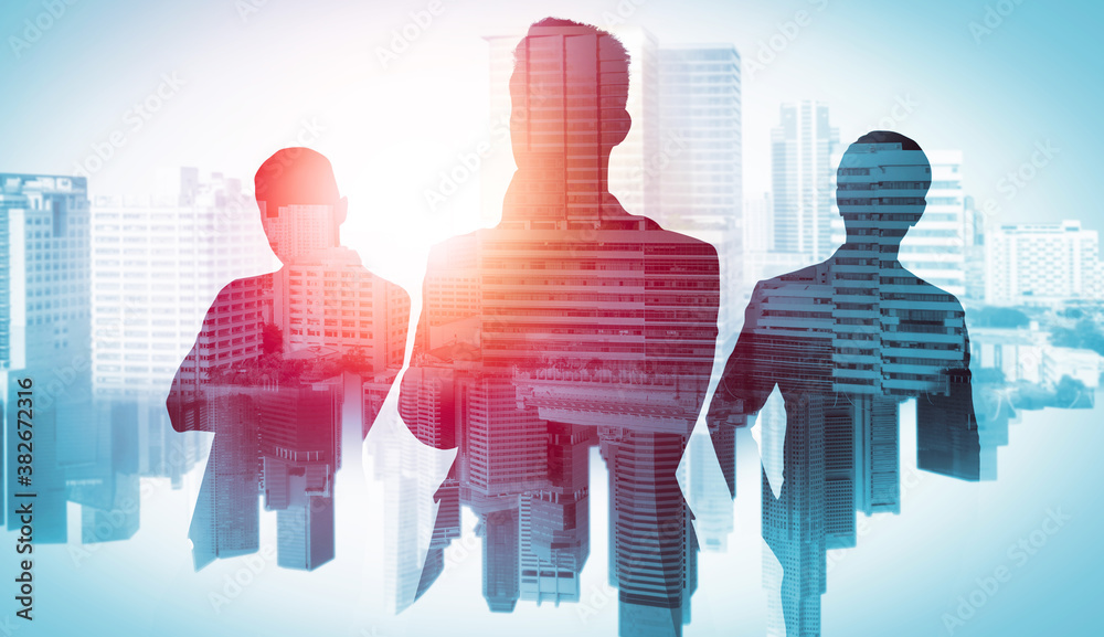 Abstract image of many business people together in group on background of city view with office buil