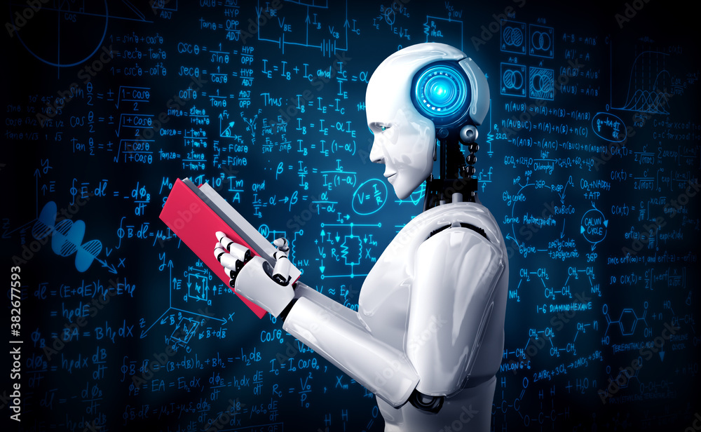 3D illustration of robot humanoid reading book and solving math data analytics in concept of future 